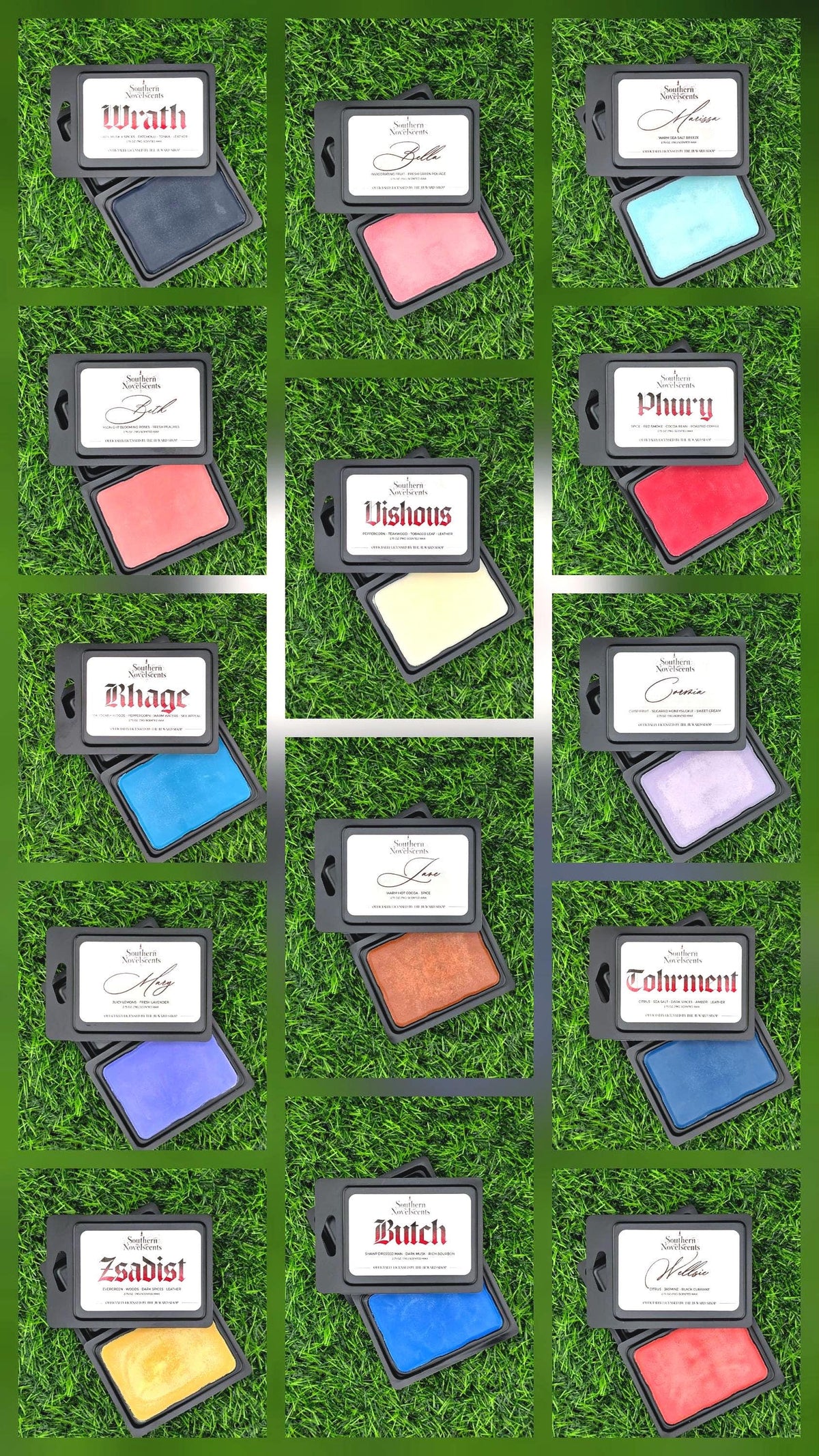 Set of colorful ink pads with labels on a green grass-like background